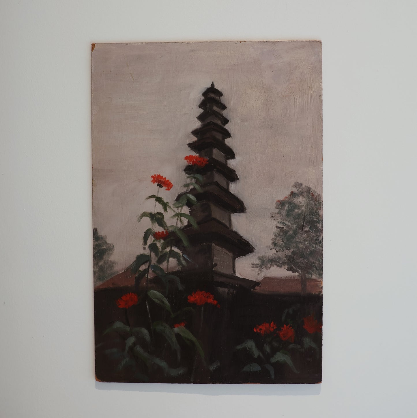 A moody painting of a pagoda surrounded by red flowers, with trees in the background under a muted, cloudy sky.