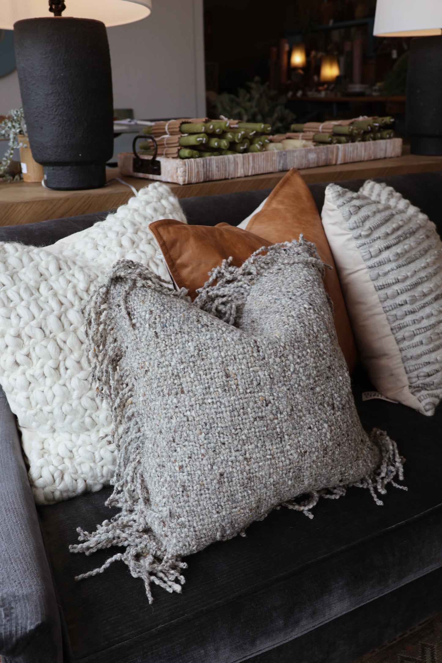 BEIGE FRINGE 18"X18" PILLOW