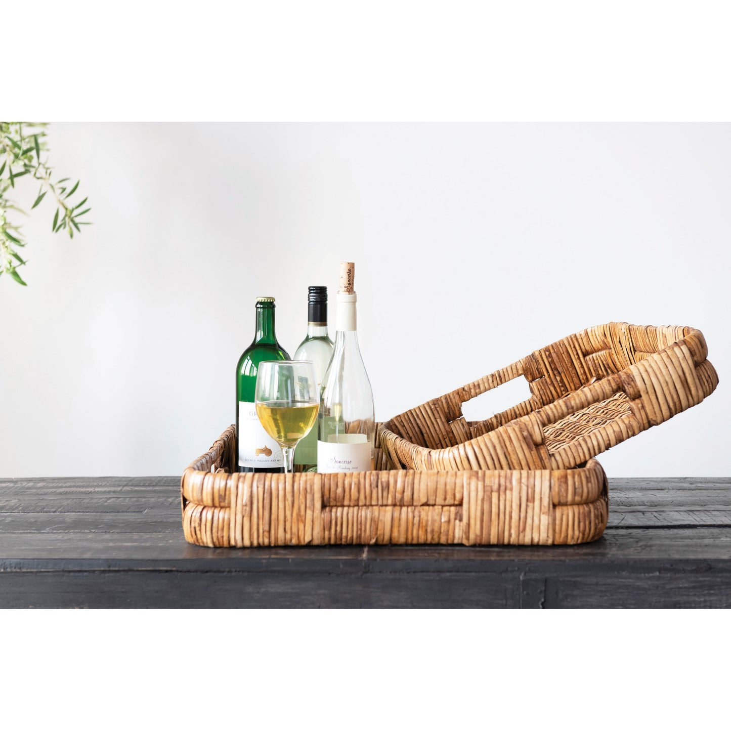 HAND WOVEN RATTAN TRAY WITH HANDLES