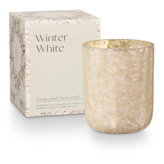 WINTER WHITE CRACKLE GLASS BOXED CANDLE