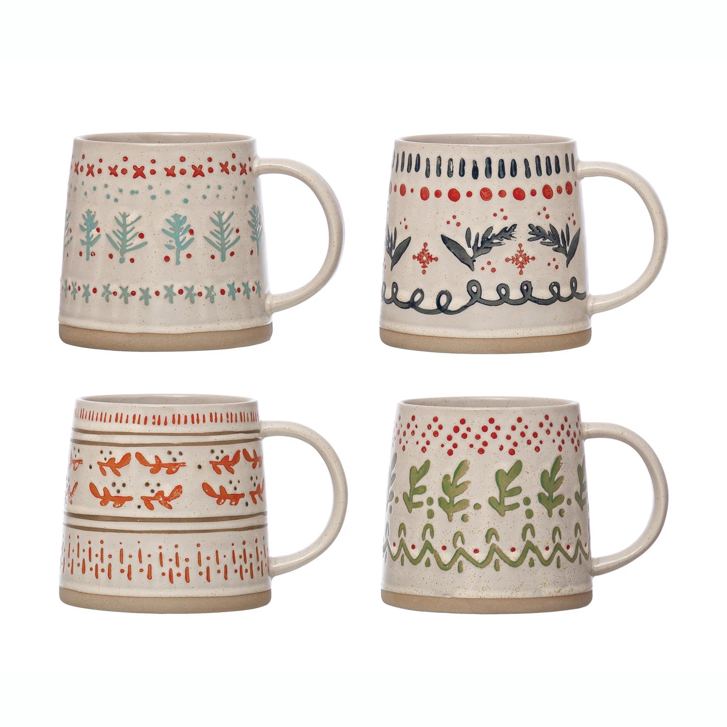 Four ceramic mugs with festive, hand-painted designs featuring plants, patterns, and holiday-themed colors on a beige base.