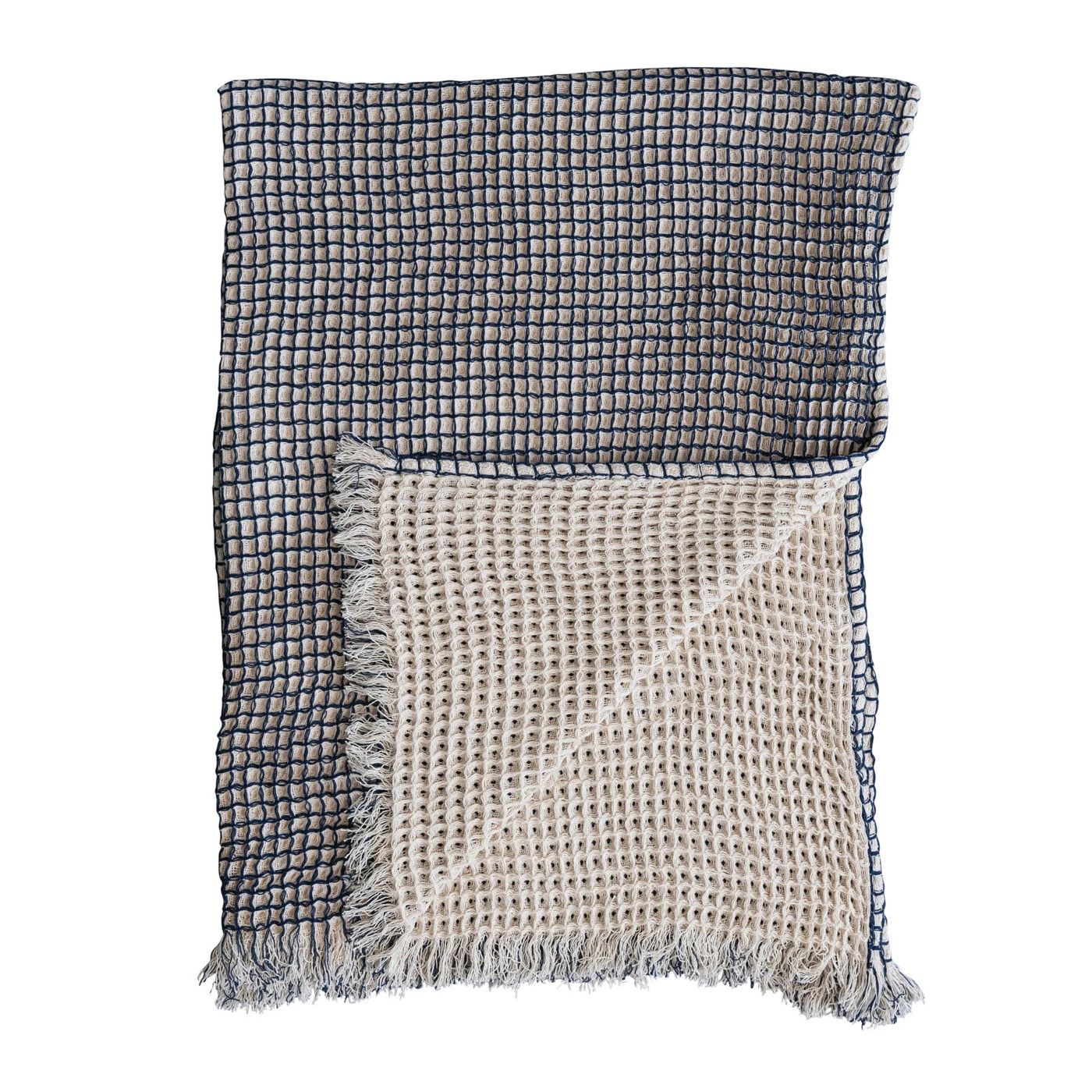 WAFFLE WEAVE THROW- NATURAL/NAVY