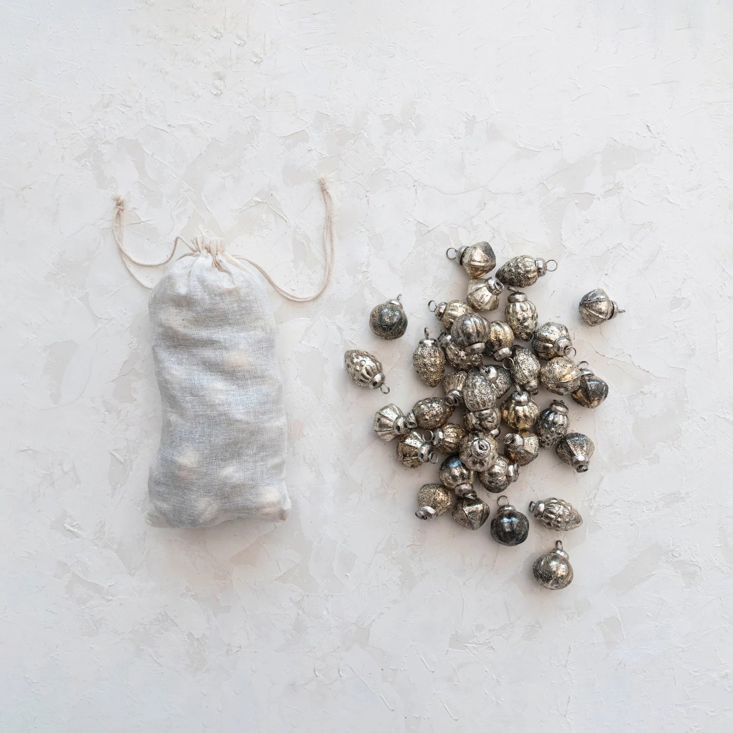 MERCURY SMALL GLASS ORNAMENTS IN MUSLIN BAG - SET OF 36